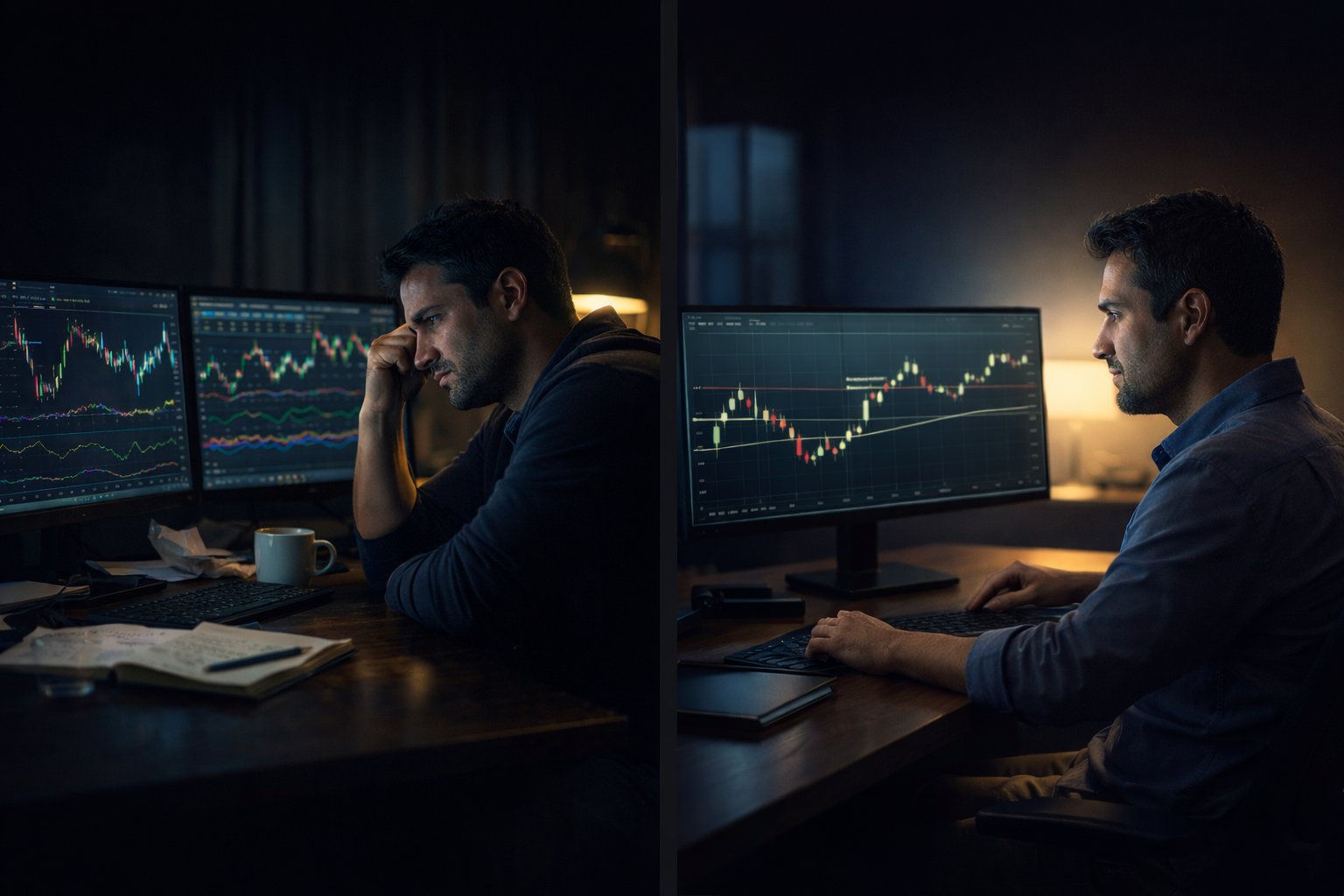 Trader reflecting late at night while looking at charts
